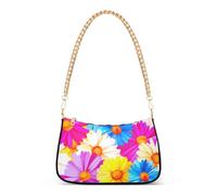 Borsa a tracolla con cerniera e motivo floreale con margherite blu colorate, semplice borsa a tracolla da donna con tracolla a catena