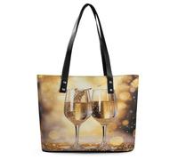 Borsa a tracolla con due bicchieri di champagne, grande, in morbida pelle, con cerniera, leggera, da donna