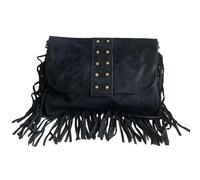 Borsa a tracolla con frange e borchie in camoscio italiano. Cinturino regolabile e intercambiabile. Chiusura con cerniera. Interno foderato con tasca integrata., Nero , M