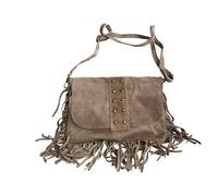 Borsa a tracolla con frange e borchie in camoscio italiano. Cinturino regolabile e intercambiabile. Chiusura con cerniera. Interno foderato con tasca integrata., Tortora, M