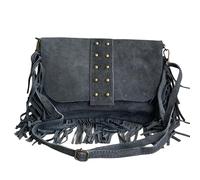 Borsa a tracolla con frange e borchie in camoscio italiano. Cinturino regolabile e intercambiabile. Chiusura con cerniera. Interno foderato con tasca integrata., grigio, M