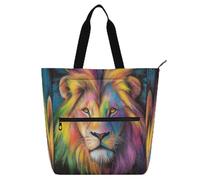 Borsa a tracolla con leone colorato per bambini, donne e uomini, impermeabile, con cerniera, per scuola, shopping, generi alimentari, arcobaleno