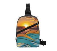 Borsa a tracolla con stampa di foglie tropicali per uomo e donna, borsa a tracolla pieghevole per attività all'aperto, Tramonto e alba con onde del mare, One Size, Zaino casual