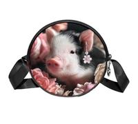 Borsa a tracolla con stampa di maiali e fiori rosa con cerniera e tracolla regolabile per donne e ragazze, Colore334, 7x1.8 in