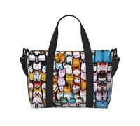 Borsa a tracolla con stampa di molti gatti dei cartoni animati, borsa da viaggio con cerniera, borsa casual per gite nel fine settimana e shopping in palestra, Nero , Taglia unica, Borsa da viaggio