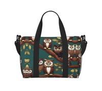 Borsa a tracolla con stampa di molti gufi sui rami degli alberi, borsa da viaggio con cerniera, borsa casual per gite nel fine settimana e shopping in palestra, Nero , Taglia unica, Borsa da viaggio