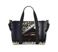 Borsa a tracolla con stampa di note musicali e pianoforti, borsa da viaggio con cerniera, borsa casual per viaggi nel fine settimana e shopping in palestra, Nero , Taglia unica, Borsa da viaggio