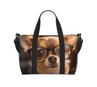 Borsa a tracolla con stampa di occhiali con chihuahua, borsa da viaggio con cerniera, borsa casual per gite nel fine settimana e shopping in palestra, Nero , Taglia unica, Borsa da viaggio