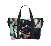 Borsa a tracolla con stampa di occhiali con chihuahua, borsa da viaggio con cerniera, borsa casual per gite nel fine settimana e shopping in palestra, Nero , Taglia unica, Borsa da viaggio