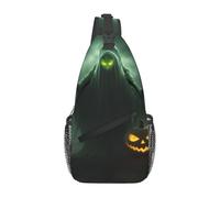 Borsa a tracolla con stampa di zucca di Halloween con fantasma verde, zaino a tracolla per tutti i giorni, zaino da petto, per viaggi all'aperto casual