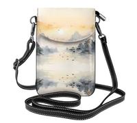 Borsa a tracolla con stampa illustrazione di montagna del tramonto, tracolla regolabile estesa, scomparti multipli, custodia per chiavi e cosmetici