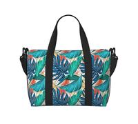 Borsa a tracolla con stampa tropicale con foglie di palma e cerniera, borsa casual per viaggi nel fine settimana e shopping in palestra, Nero , Taglia unica, Borsa da viaggio