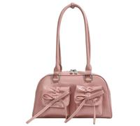 Borsa a tracolla da donna, alla moda, in pelle PU, con fiocco, doppia tasca, borsa da bowling, tinta unita, per spostamenti quotidiani, shopping e feste all'aperto, rosa, 9.84x8.66x3.94inch