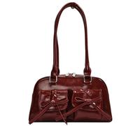 Borsa a tracolla da donna, alla moda, in pelle PU, con fiocco, doppia tasca, borsa da bowling, tinta unita, per spostamenti quotidiani, shopping e feste all'aperto, Rosso, 9.84x8.66x3.94inch