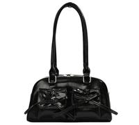 Borsa a tracolla da donna, alla moda, in pelle PU, con fiocco, doppia tasca, borsa da bowling, tinta unita, per spostamenti quotidiani, shopping e feste all'aperto, Nero , 9.84x8.66x3.94inch