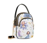 Borsa a tracolla da donna, con catena staccabile, motivo fatine colorate con cristalli e stelle e luna, colore blu e viola