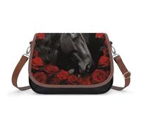 Borsa a tracolla da donna, con cavallo nero su sfondo di rose rosse, borsa a tracolla in pelle regolabile, tracolla rimovibile, borse a mani libere