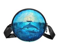 Borsa a tracolla da donna, con delfino, barca sotto il mare blu, piccola borsa a tracolla con cerniera, spallacci regolabili casual, borsa rotonda da donna