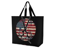 Borsa a tracolla da donna con forbici per capelli, bandiera americana, borsa per la spesa, riutilizzabile, leggera, borsa da viaggio