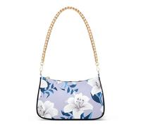 Borsa a tracolla da donna con motivo floreale con gigli bianchi, foglie blu, lavanda chiara, borsa da sera, con chiusura a cerniera, tracolla a catena