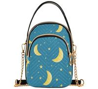 Borsa a tracolla da donna con motivo luna e stelle, colore giallo e blu, elegante, con tracolla a catena, trapuntata, con cerniera, 15 x 8 x 21 cm