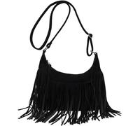 Borsa a tracolla da donna con nappa, alla moda, moderna borsa a tracolla regolabile, stile retrò, frangia per spiaggia, viaggi, scuola, vacanze, telefono, Nero , M