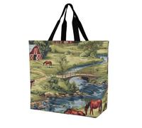 Borsa a tracolla da donna con scena di cavallo e ponte della fattoria, borsa per la spesa, riutilizzabile, leggera, borsa da viaggio