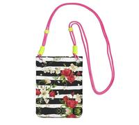 Borsa a tracolla da donna, con stampa di fiori di rosa rossa, a righe bianche e nere, mini portamonete per telefono, per escursioni e viaggi, Fucsia, Taglia unica