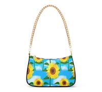 Borsa a tracolla da donna con stampa di girasoli gialli, blu brillante, borsa a tracolla con cerniera e cinturino a catena