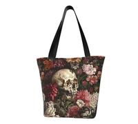Borsa a tracolla da donna, con stampa floreale e teschio, riutilizzabile, grande, per la spesa, per l'ufficio, lo shopping, i viaggi