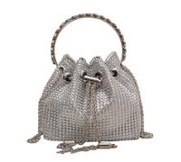 Borsa a tracolla da donna, con strass, argentata, piccola, con coulisse, leggera, con catena regolabile
