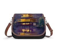 Borsa a tracolla da donna con tempio giapponese al crepuscolo con il Monte Fuji, borsa a tracolla alla moda con tracolla regolabile