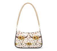 Borsa a tracolla da donna con teschi di mucca, girasoli, borsa a tracolla da donna, con stampa, borsa hobo, pochette con chiusura a cerniera, tracolla a catena