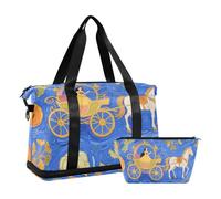 Borsa a tracolla da donna con tracolla regolabile, borsa sportiva da palestra per viaggi di lavoro, set da 2 pezzi, per uomini e donne, con motivo a carrozza da principessa, blu