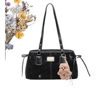 Borsa a tracolla da donna | Retro PU pelle Tote ascellare con ciondolo peluche, borsa a tracolla | per donne ragazze quotidiano pendolari negozio Ing lavoro scuola weekend gite viaggi, Nero , Refer to