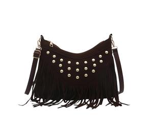 Borsa a tracolla da donna, stile retrò, con frange e borchie per l'uso quotidiano, caffè, 26cmX6.5cmX19cm, Zainetto