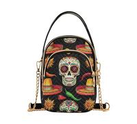 Borsa a tracolla da donna trapuntata con tracolla a catena per telefono cellulare, stampa artistica, pochette da donna con cerniera, borsa colorata con teschi di zucchero, peperoncino nero