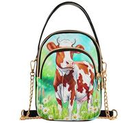 Borsa a tracolla da donna trapuntata per telefono cellulare, tracolla con cerniera floreale, borsa a tracolla, borsa a tracolla carina marrone con campo di mucca, 15 x 8 x 21 cm