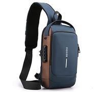 Borsa a tracolla da uomo borsa a tracolla impermeabile antifurto borsa da petto con porta di ricarica USB leggera con blocco password blu marrone