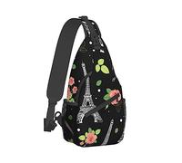 Borsa a Tracolla da Uomo Zaino Antifurto a Spalla, Borse Pettorali Divertenti Compatibile con Torre Eiffel Nera Parigi Matrimonio Rose Fiori per Pesca Ciclismo Escursionismo, Leggero e Grande Capacità