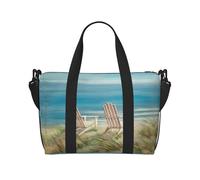 Borsa a tracolla da viaggio con scene da spiaggia con sedie stampate, adatta per brevi viaggi e allenamenti in palestra