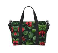 Borsa a tracolla da viaggio con stampa di fiori di ibisco con foglie di vegetazione con cerniera, borsa casual per gite nel fine settimana e shopping in palestra, Nero , Taglia unica, Borsa da viaggio