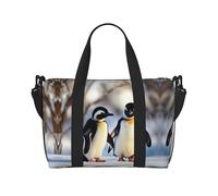 Borsa a tracolla da viaggio con stampa di pinguini giovani con stampa di neve, borsa casual con cerniera per gite del fine settimana e shopping in palestra, Nero , Taglia unica, Borsa da viaggio
