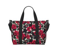 Borsa a tracolla da viaggio con stampa di rose rosse, borsa casual con cerniera per viaggi nel fine settimana e shopping in palestra, Nero , Taglia unica, Borsa da viaggio
