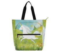 Borsa a tracolla decorativa per bambini, donne, uomini, unicorni che corrono nel prato, impermeabile, borsa a tracolla con cerniera per scuola, shopping, generi alimentari, arcobaleno tela para