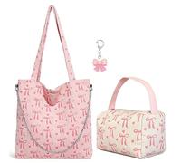 Borsa a tracolla donna in velluto a coste rosa con stampa fiocchi - Set 3-in-1 con pochette, catena dorata e portachiavi - Borsa leggera formato A4 - Borsa per lavoro, università, serate, uso quotidia