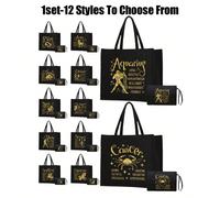 Borsa a tracolla dorata con motivi e piccola borsa con i dodici segni zodiacali, borsa in lino nero con segno zodiacale, include una borsa a tracolla nera e una piccola borsa/portamonete, confezione r