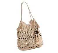Borsa a tracolla in cotone leggero di grande capacità per le donne borsa con nappe decorative per un look elegante borsa tessuta fatta a mano, Beige, One Size