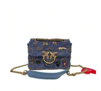 Borsa a tracolla in denim blu con emblema a forma di rondine e applicazioni, catena dorata, borsa a tracolla da donna Questa elegante borsa in denim blu, che misura 21x15x7 cm, colpisce per la sua tex