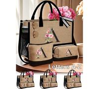 Borsa a tracolla in juta/tela con fiore rosa e iniziali nere da A a Z, con pochette per il trucco, borsa personalizzata adatta per matrimoni, compleanni, spiaggia, vacanze, scuola, ottimo regalo per d
